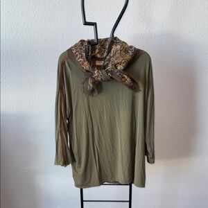 Chico's Olive Top with Multicolor Paisley Scarf